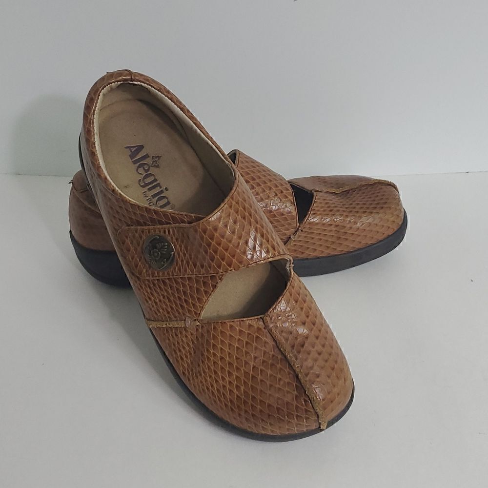 Alegria Kaitlyn Cognac Burnish Snake Professional Shoes Size EU 38 US 8/8.5